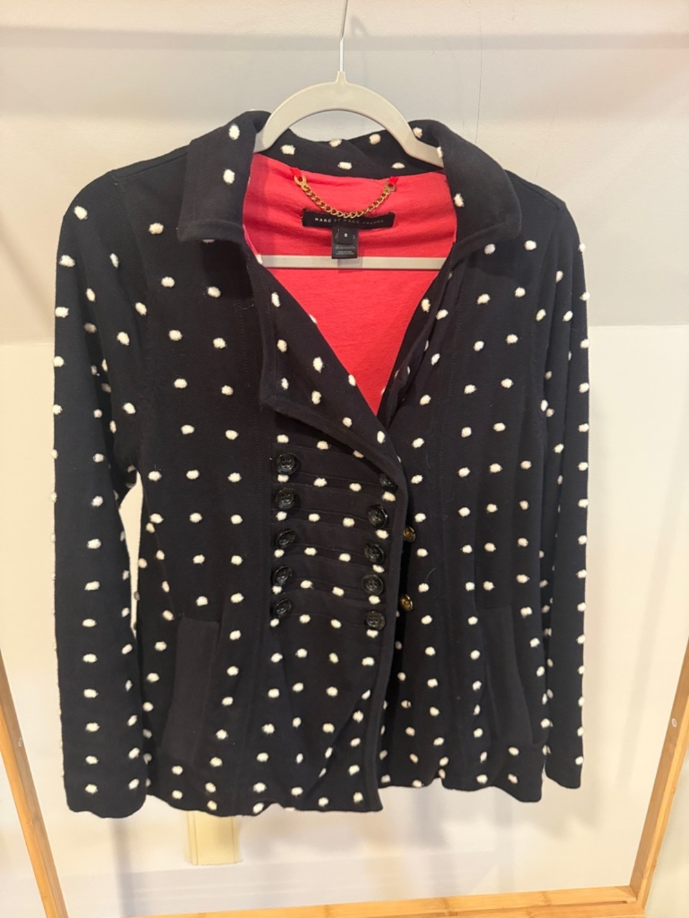 Marc by Marc Jacob’s Black Polka Dot Double-Breasted Blazer with Red Lining